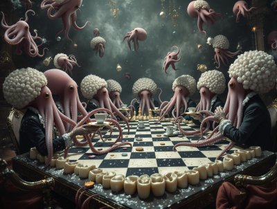 A Victorian tea party hosted by octopuses wearing...