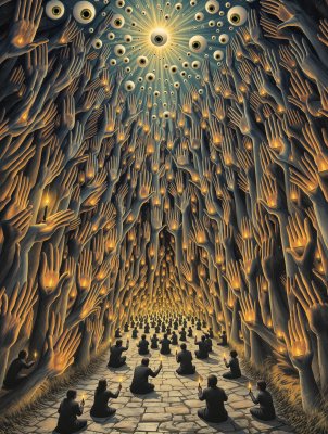 A cathedral made entirely of human hands, each fin...