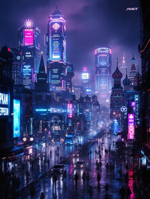 A detailed cyberpunk dystopian cityscape of Moscow...