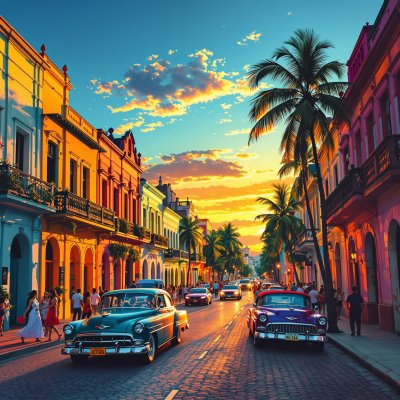 A warm, vibrant evening in Cuba featuring colorful...