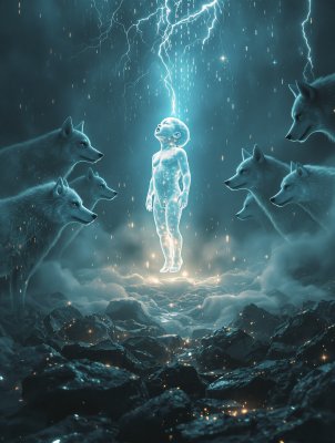 A baby made of crystal levitating in the center of...